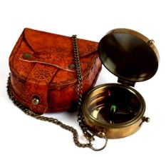Brass Pocket Compass with Leather Case Chain